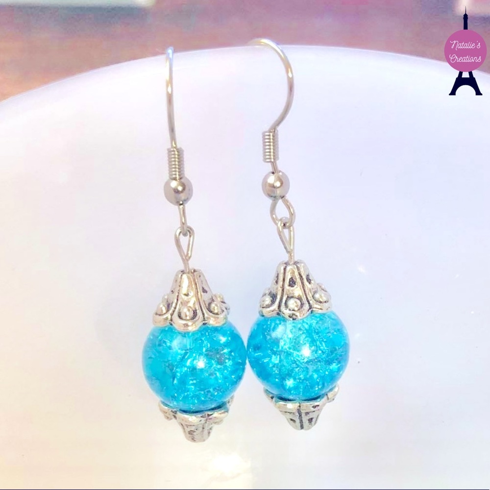 Turquoise Crackle Glass Beaded Earrings